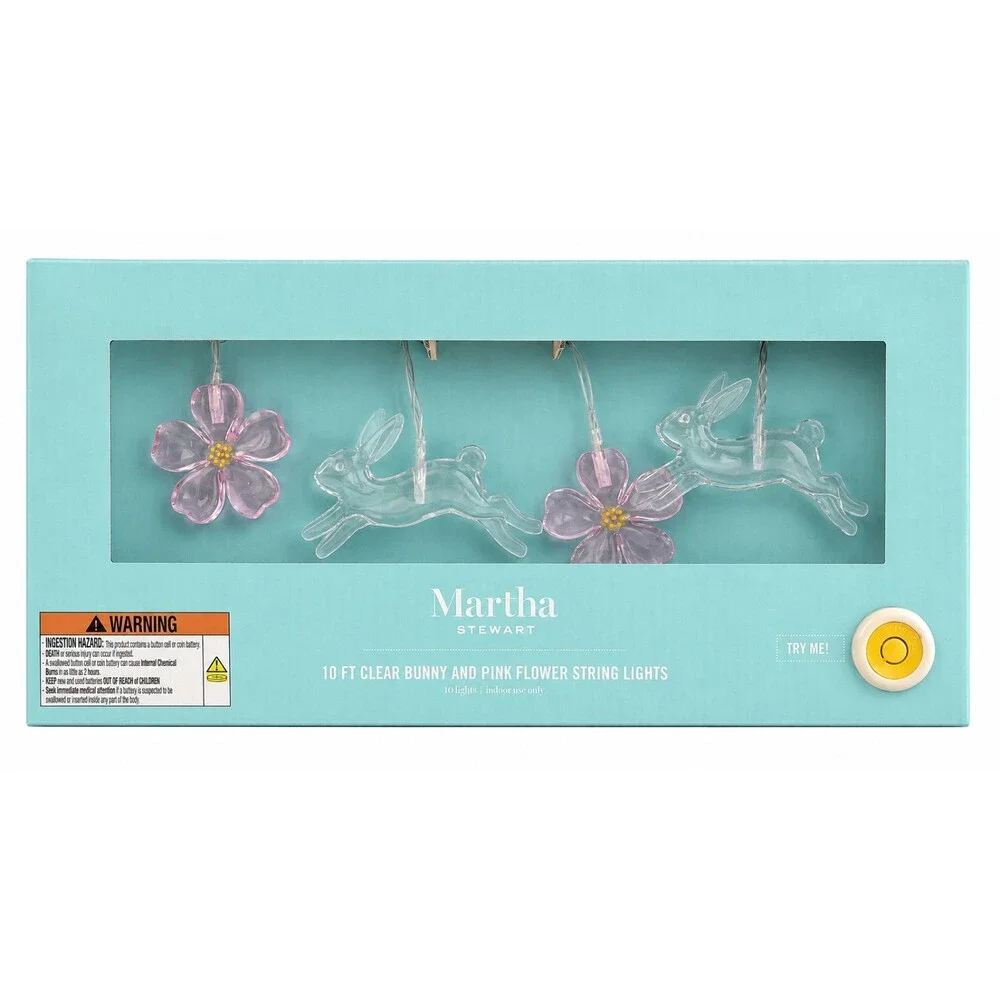 Martha Stewart Bunny String Lights 10FT Pink Flowers Clear Rabbits Nursery Baby
